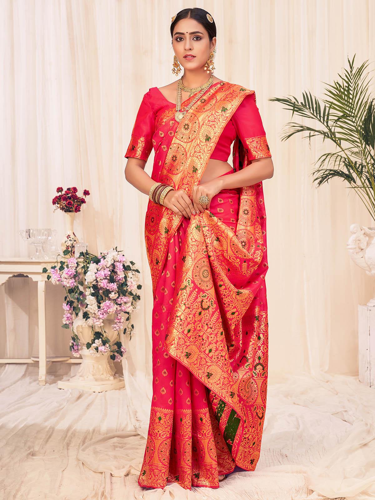Woven Pink Banarasi Silk Saree - Rajwada