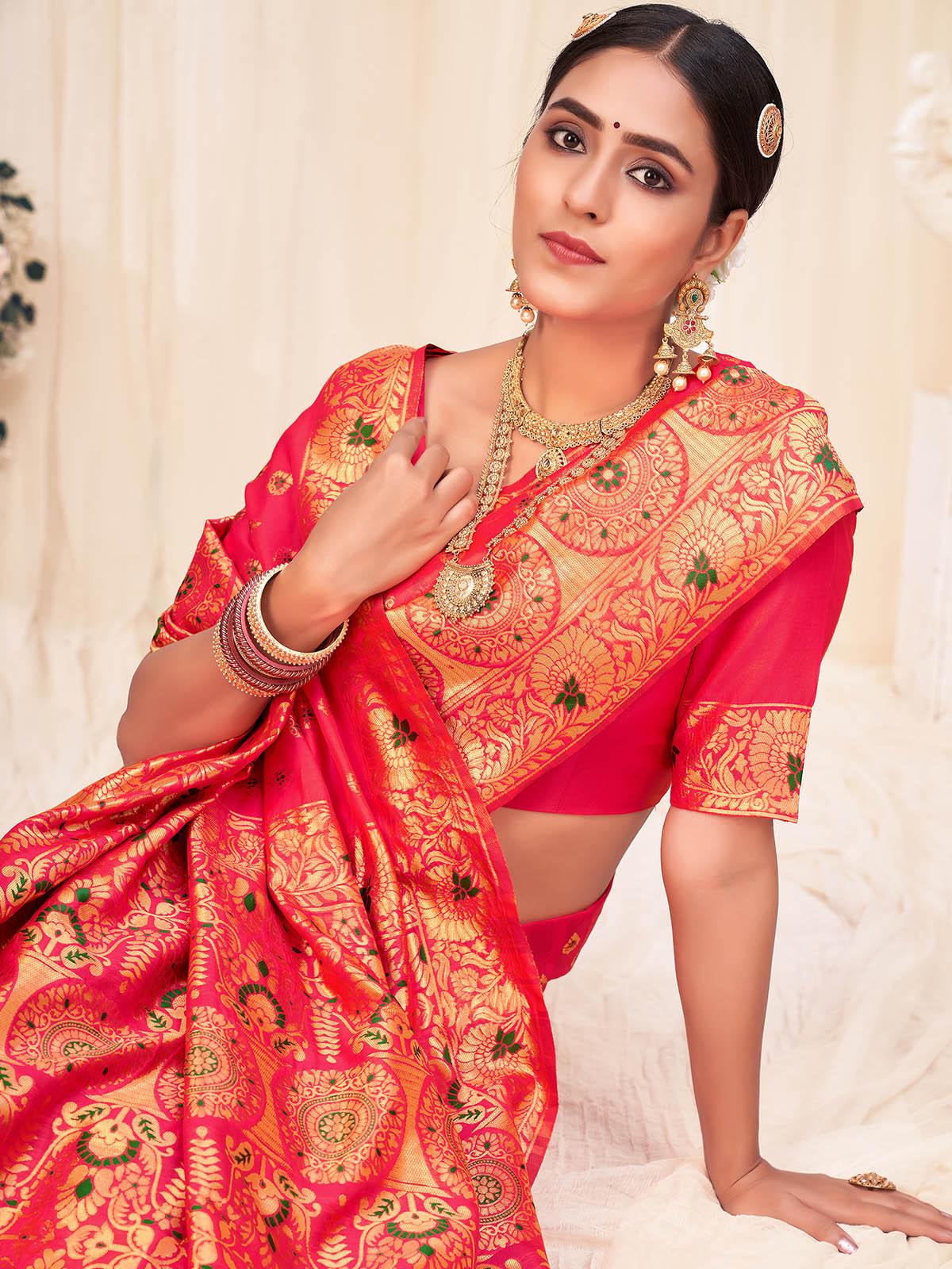 Woven Pink Banarasi Silk Saree - Rajwada
