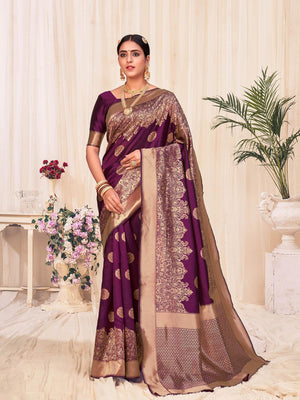 Woven Wine Colored Banarasi Silk Saree - Rajwada
