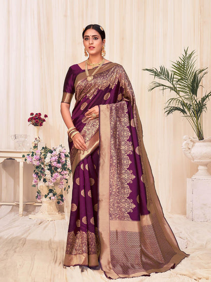Woven Wine Colored Banarasi Silk Saree - Rajwada