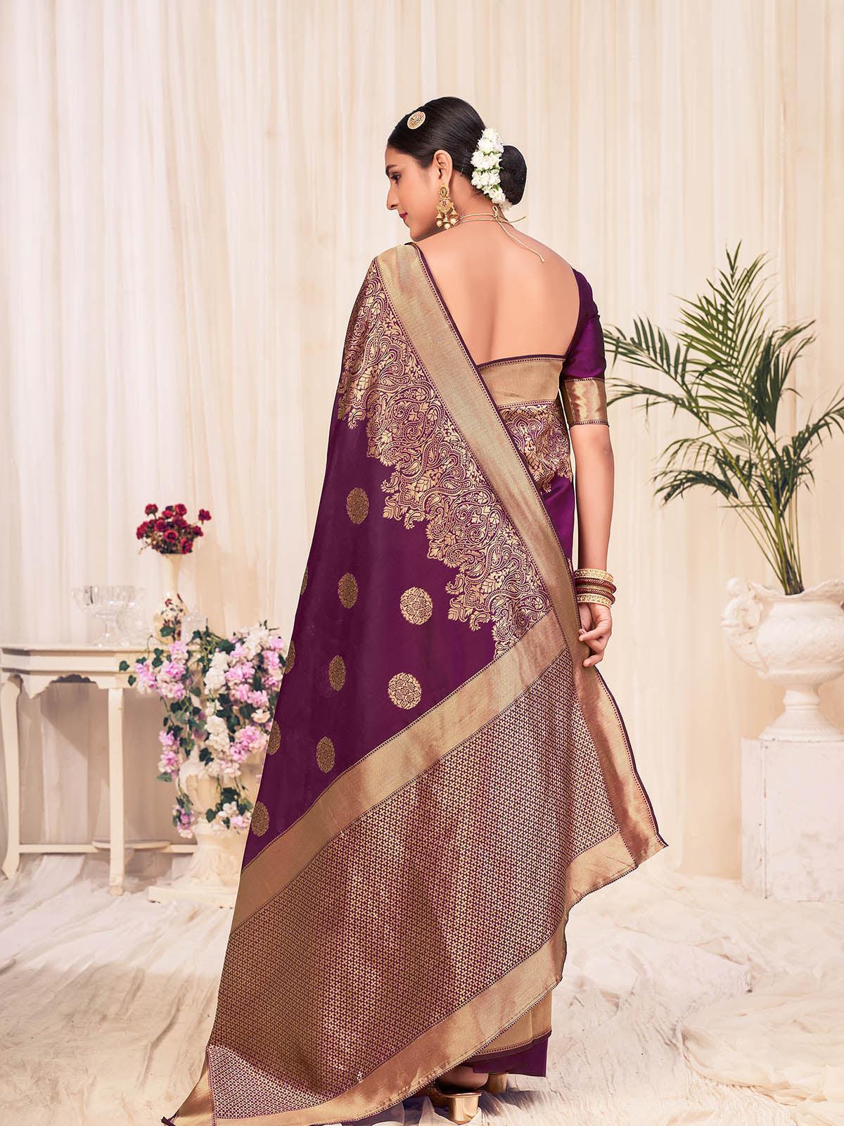 Woven Wine Colored Banarasi Silk Saree - Rajwada