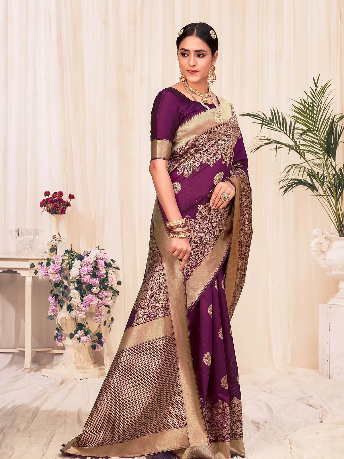 Woven Wine Colored Banarasi Silk Saree - Rajwada