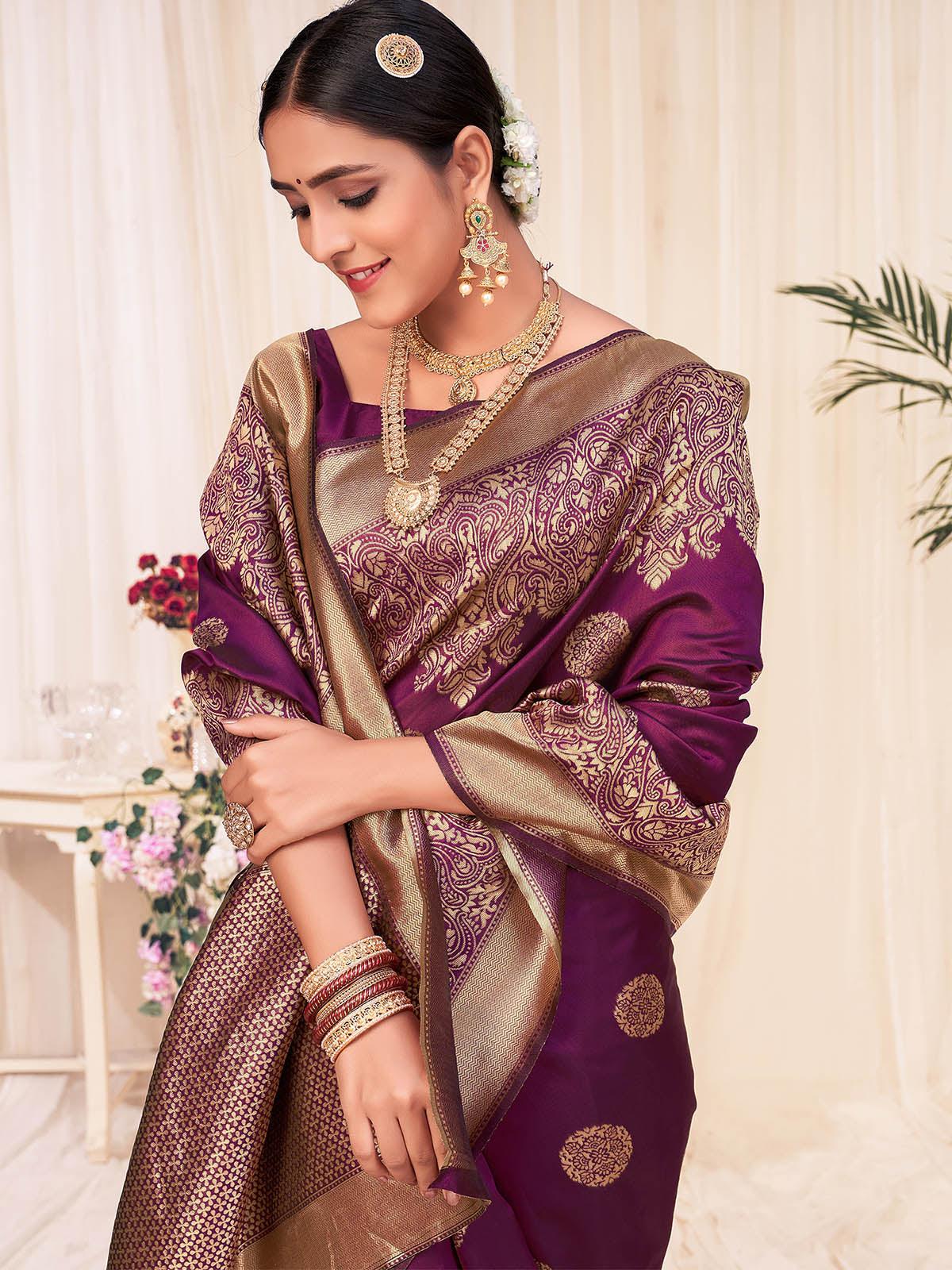 Woven Wine Colored Banarasi Silk Saree - Rajwada