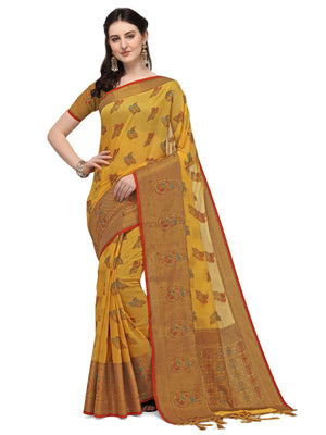 Yellow Colour Banarasi Silk Madhubani Work Saree - Rajwada