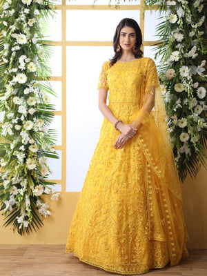 Yellow Net Anarkali - Rajwada