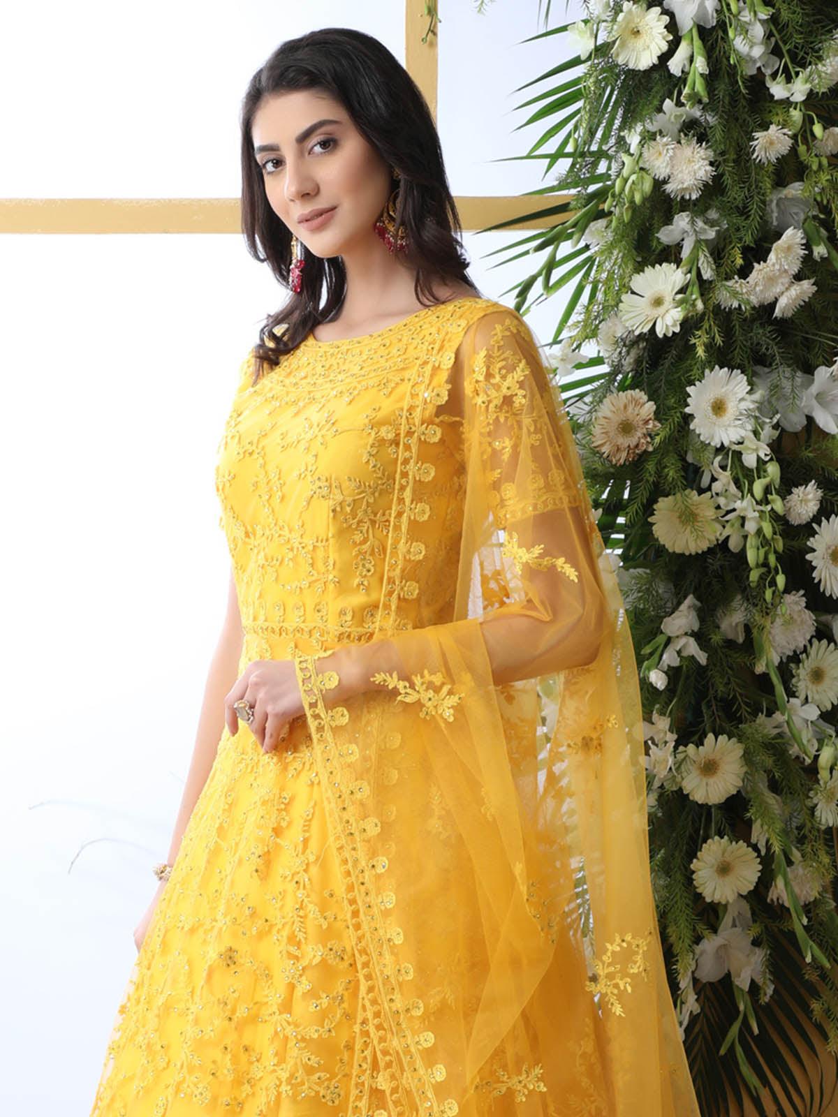 Yellow Net Anarkali - Rajwada
