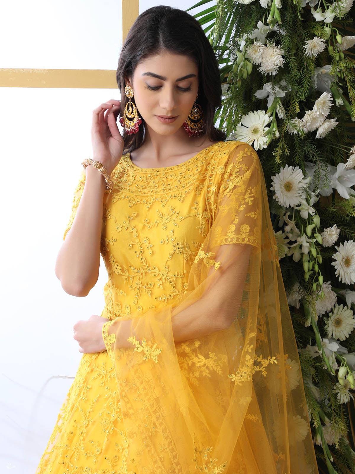 Yellow Net Anarkali - Rajwada